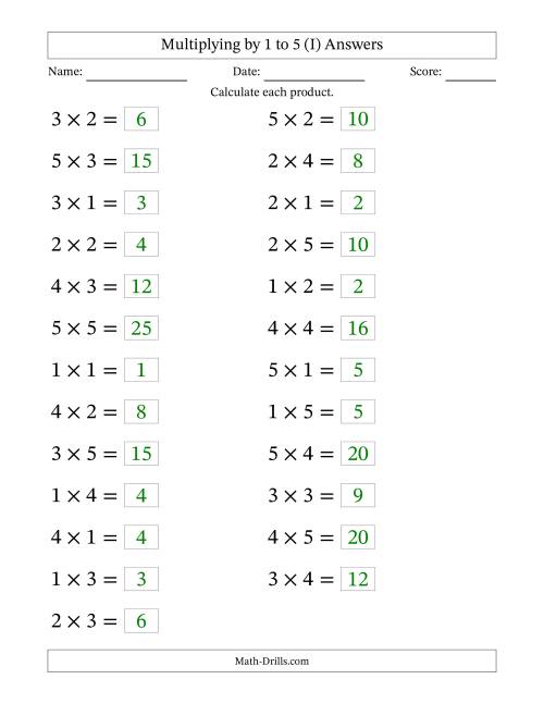 The Horizontally Arranged Multiplication Facts with Factors 1 to 5 and Products to 25 (25 Questions; Large Print) (I) Math Worksheet Page 2