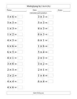 Horizontally Arranged Multiplication Facts with Factors 1 to 6 and Products to 36 (25 Questions; Large Print)