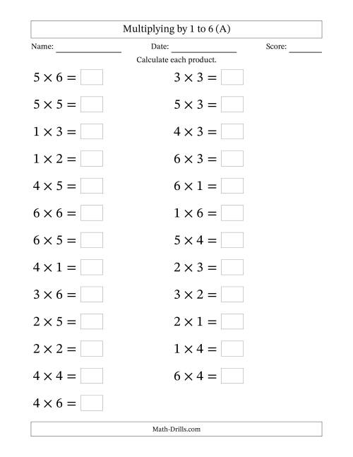 The Horizontally Arranged Multiplication Facts with Factors 1 to 6 and Products to 36 (25 Questions; Large Print) (A) Math Worksheet