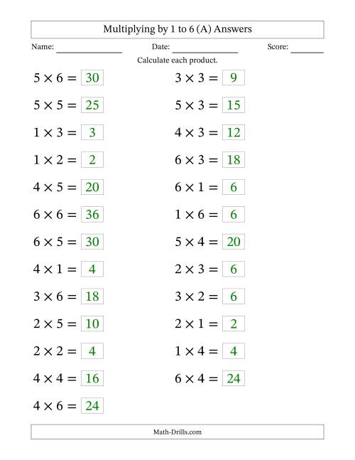 The Horizontally Arranged Multiplication Facts with Factors 1 to 6 and Products to 36 (25 Questions; Large Print) (A) Math Worksheet Page 2