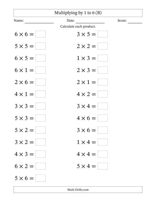 The Horizontally Arranged Multiplication Facts with Factors 1 to 6 and Products to 36 (25 Questions; Large Print) (B) Math Worksheet