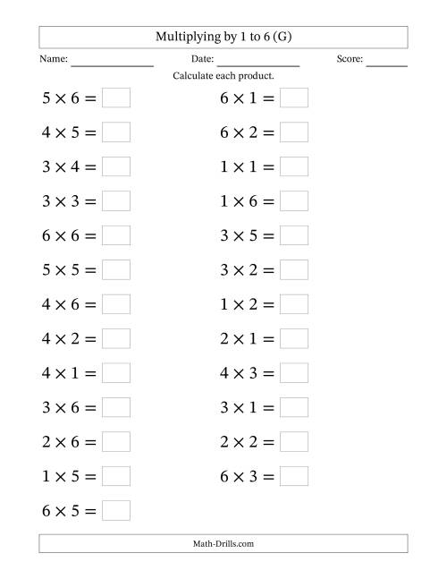 The Horizontally Arranged Multiplication Facts with Factors 1 to 6 and Products to 36 (25 Questions; Large Print) (G) Math Worksheet