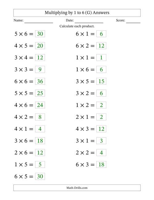The Horizontally Arranged Multiplication Facts with Factors 1 to 6 and Products to 36 (25 Questions; Large Print) (G) Math Worksheet Page 2
