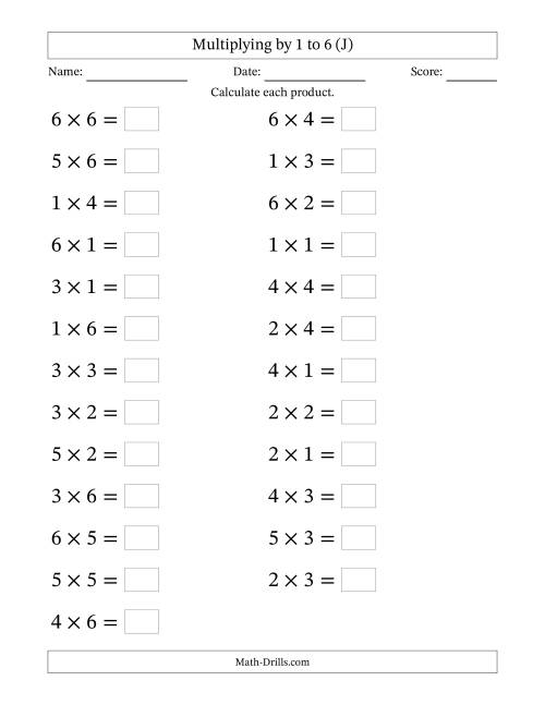 The Horizontally Arranged Multiplication Facts with Factors 1 to 6 and Products to 36 (25 Questions; Large Print) (J) Math Worksheet