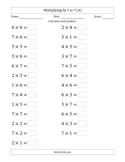 Horizontally Arranged Multiplication Facts with Factors 1 to 7 and Products to 49 (25 Questions; Large Print)