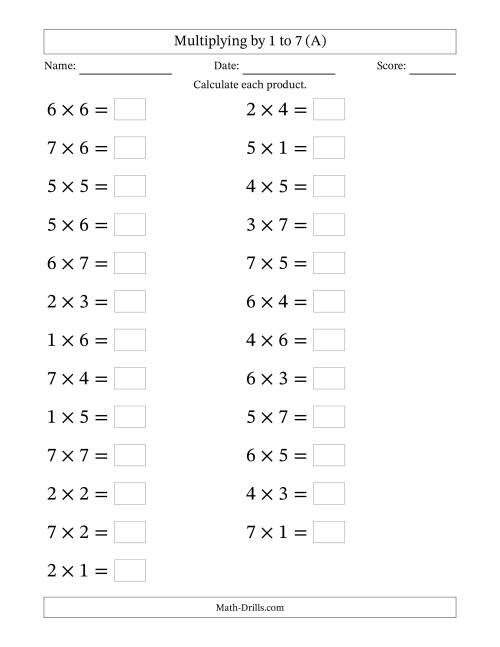 The Horizontally Arranged Multiplication Facts with Factors 1 to 7 and Products to 49 (25 Questions; Large Print) (A) Math Worksheet