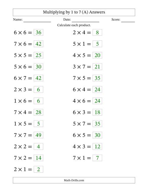 The Horizontally Arranged Multiplication Facts with Factors 1 to 7 and Products to 49 (25 Questions; Large Print) (A) Math Worksheet Page 2
