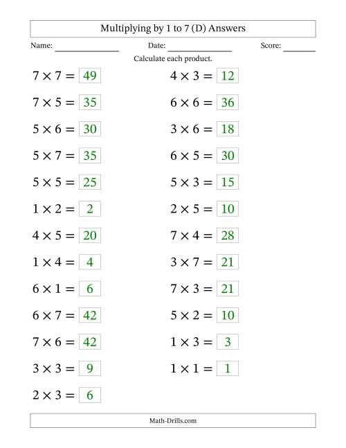 The Horizontally Arranged Multiplication Facts with Factors 1 to 7 and Products to 49 (25 Questions; Large Print) (D) Math Worksheet Page 2