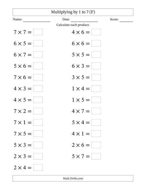 The Horizontally Arranged Multiplication Facts with Factors 1 to 7 and Products to 49 (25 Questions; Large Print) (F) Math Worksheet