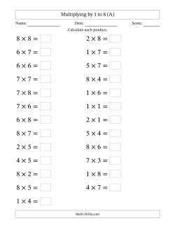 Horizontally Arranged Multiplication Facts with Factors 1 to 8 and Products to 64 (25 Questions; Large Print)