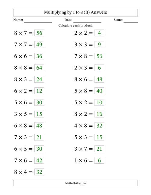 The Horizontally Arranged Multiplication Facts with Factors 1 to 8 and Products to 64 (25 Questions; Large Print) (B) Math Worksheet Page 2