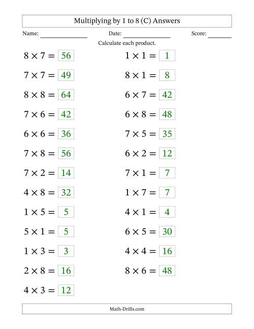 The Horizontally Arranged Multiplication Facts with Factors 1 to 8 and Products to 64 (25 Questions; Large Print) (C) Math Worksheet Page 2