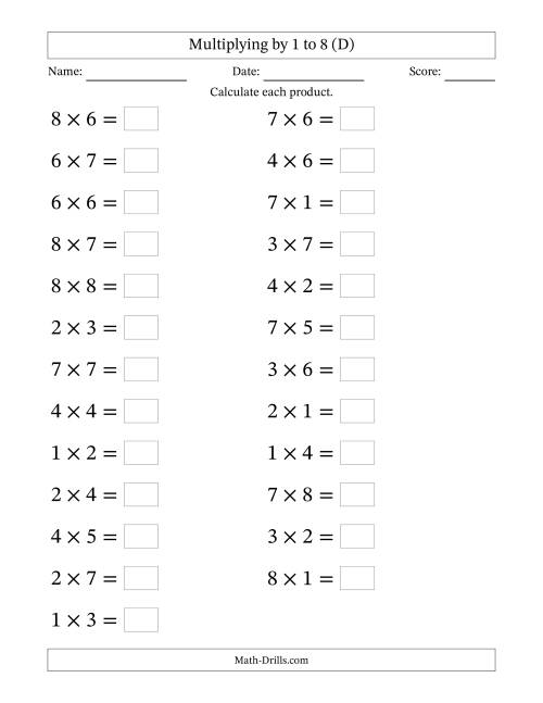 The Horizontally Arranged Multiplication Facts with Factors 1 to 8 and Products to 64 (25 Questions; Large Print) (D) Math Worksheet