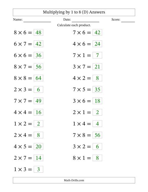 The Horizontally Arranged Multiplication Facts with Factors 1 to 8 and Products to 64 (25 Questions; Large Print) (D) Math Worksheet Page 2