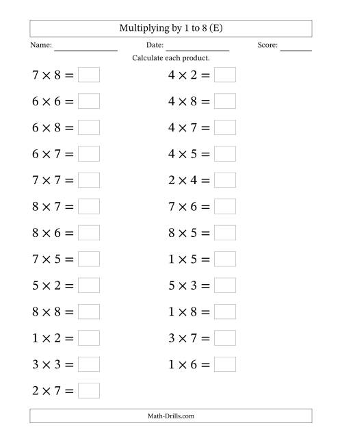 The Horizontally Arranged Multiplication Facts with Factors 1 to 8 and Products to 64 (25 Questions; Large Print) (E) Math Worksheet