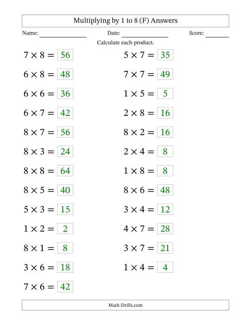 The Horizontally Arranged Multiplication Facts with Factors 1 to 8 and Products to 64 (25 Questions; Large Print) (F) Math Worksheet Page 2