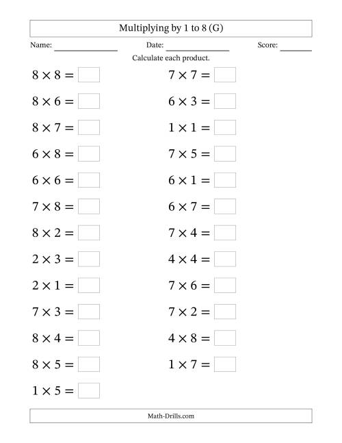 The Horizontally Arranged Multiplication Facts with Factors 1 to 8 and Products to 64 (25 Questions; Large Print) (G) Math Worksheet