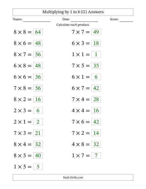 The Horizontally Arranged Multiplication Facts with Factors 1 to 8 and Products to 64 (25 Questions; Large Print) (G) Math Worksheet Page 2