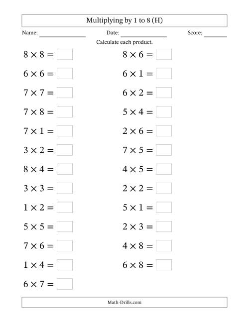 The Horizontally Arranged Multiplication Facts with Factors 1 to 8 and Products to 64 (25 Questions; Large Print) (H) Math Worksheet