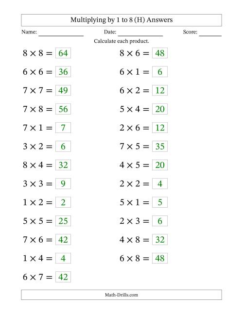 The Horizontally Arranged Multiplication Facts with Factors 1 to 8 and Products to 64 (25 Questions; Large Print) (H) Math Worksheet Page 2