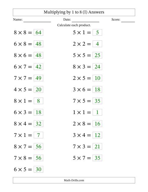 The Horizontally Arranged Multiplication Facts with Factors 1 to 8 and Products to 64 (25 Questions; Large Print) (I) Math Worksheet Page 2