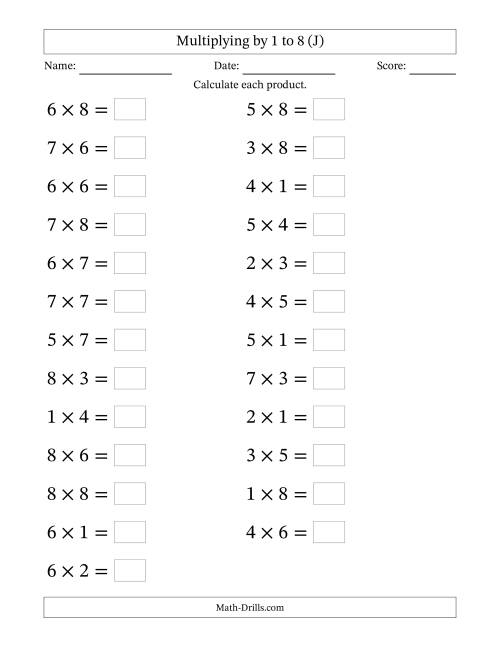 The Horizontally Arranged Multiplication Facts with Factors 1 to 8 and Products to 64 (25 Questions; Large Print) (J) Math Worksheet