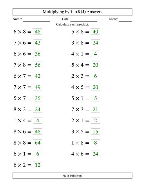 The Horizontally Arranged Multiplication Facts with Factors 1 to 8 and Products to 64 (25 Questions; Large Print) (J) Math Worksheet Page 2