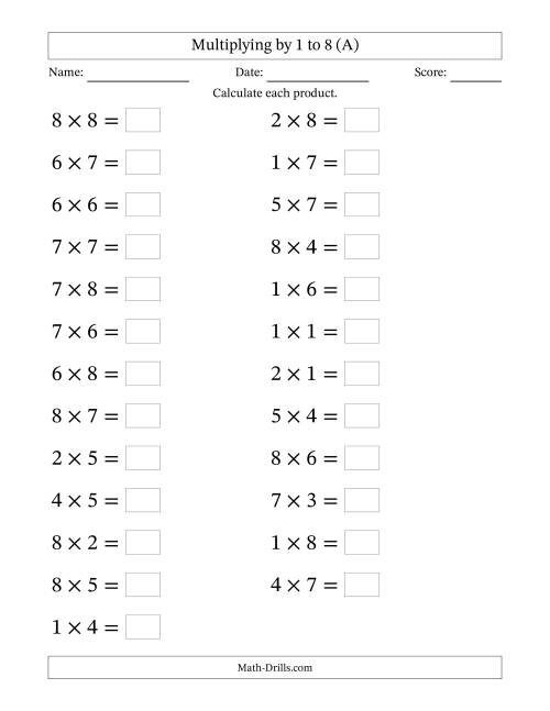 The Horizontally Arranged Multiplication Facts with Factors 1 to 8 and Products to 64 (25 Questions; Large Print) (All) Math Worksheet
