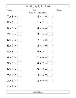 Horizontally Arranged Multiplication Facts with Factors 1 to 9 and Products to 81 (25 Questions; Large Print)
