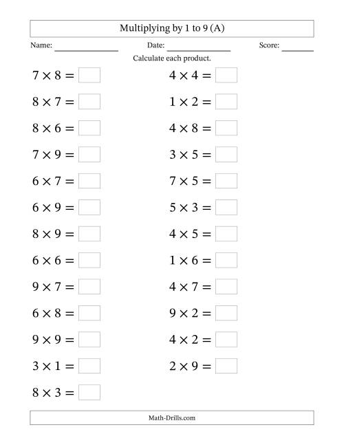 The Horizontally Arranged Multiplication Facts with Factors 1 to 9 and Products to 81 (25 Questions; Large Print) (A) Math Worksheet