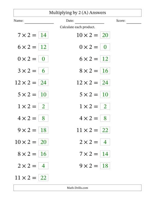 The Horizontally Arranged Multiplying (0 to 12) by 2 (25 Questions; Large Print) (A) Math Worksheet Page 2