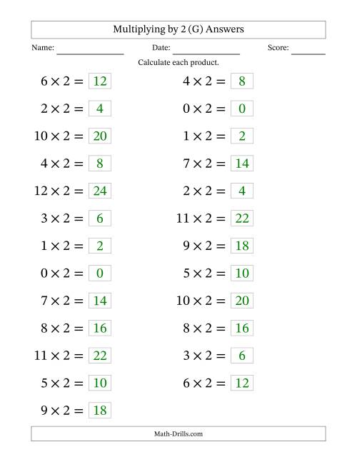The Horizontally Arranged Multiplying (0 to 12) by 2 (25 Questions; Large Print) (G) Math Worksheet Page 2