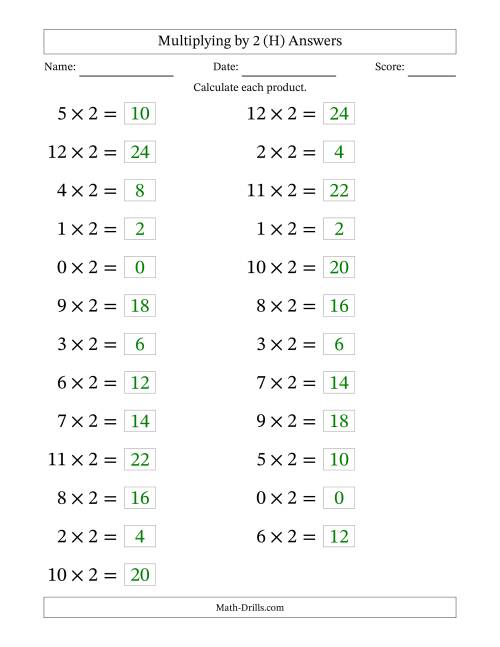 The Horizontally Arranged Multiplying (0 to 12) by 2 (25 Questions; Large Print) (H) Math Worksheet Page 2