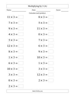 Horizontally Arranged Multiplying (0 to 12) by 3 (25 Questions; Large Print)