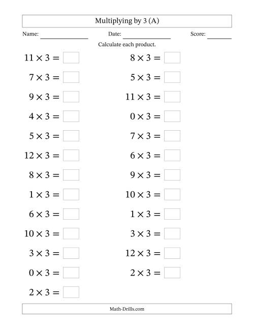 The Horizontally Arranged Multiplying (0 to 12) by 3 (25 Questions; Large Print) (A) Math Worksheet