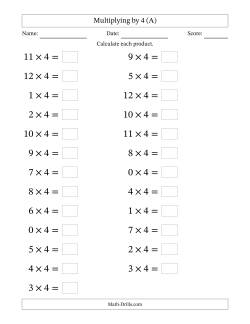 Horizontally Arranged Multiplying (0 to 12) by 4 (25 Questions; Large Print)