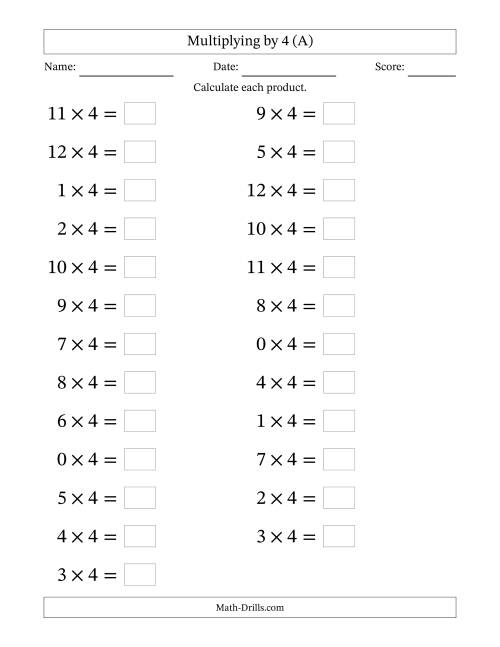 The Horizontally Arranged Multiplying (0 to 12) by 4 (25 Questions; Large Print) (A) Math Worksheet