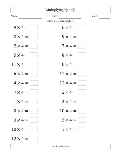 The Horizontally Arranged Multiplying (0 to 12) by 4 (25 Questions; Large Print) (I) Math Worksheet