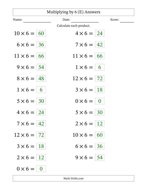 The Horizontally Arranged Multiplying (0 to 12) by 6 (25 Questions; Large Print) (E) Math Worksheet Page 2