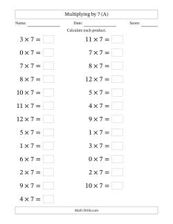 Horizontally Arranged Multiplying (0 to 12) by 7 (25 Questions; Large Print)