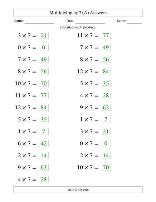 The Horizontally Arranged Multiplying (0 to 12) by 7 (25 Questions; Large Print) (A) Math Worksheet Page 2