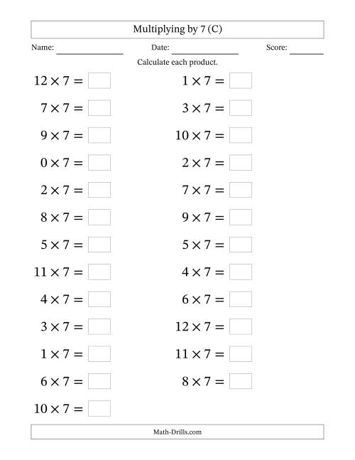The Horizontally Arranged Multiplying (0 to 12) by 7 (25 Questions; Large Print) (C) Math Worksheet