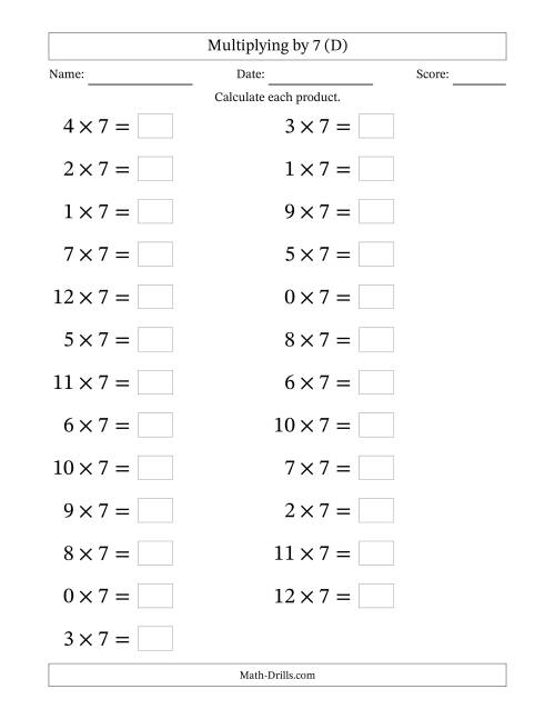 The Horizontally Arranged Multiplying (0 to 12) by 7 (25 Questions; Large Print) (D) Math Worksheet