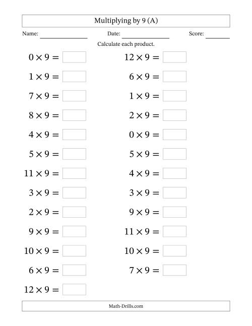 The Horizontally Arranged Multiplying (0 to 12) by 9 (25 Questions; Large Print) (A) Math Worksheet