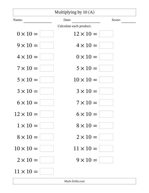 The Horizontally Arranged Multiplying (0 to 12) by 10 (25 Questions; Large Print) (A) Math Worksheet