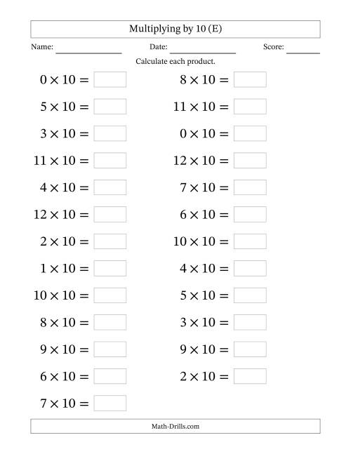 The Horizontally Arranged Multiplying (0 to 12) by 10 (25 Questions; Large Print) (E) Math Worksheet