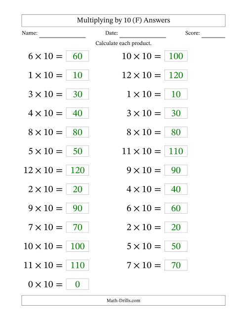 The Horizontally Arranged Multiplying (0 to 12) by 10 (25 Questions; Large Print) (F) Math Worksheet Page 2