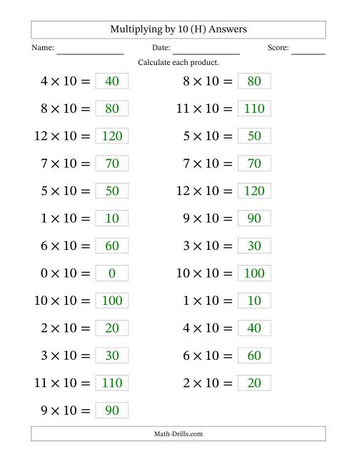 The Horizontally Arranged Multiplying (0 to 12) by 10 (25 Questions; Large Print) (H) Math Worksheet Page 2