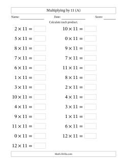 Horizontally Arranged Multiplying (0 to 12) by 11 (25 Questions; Large Print)