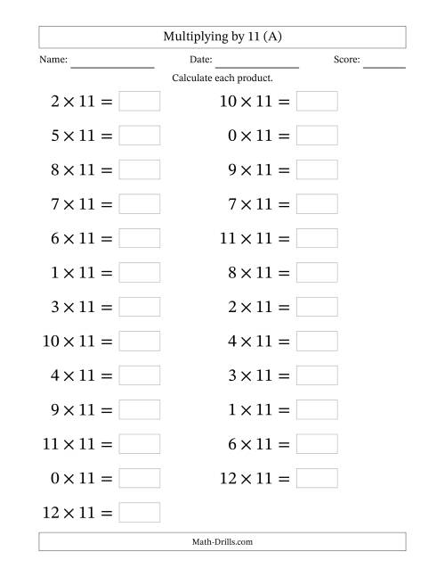 The Horizontally Arranged Multiplying (0 to 12) by 11 (25 Questions; Large Print) (A) Math Worksheet